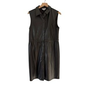 S’EDGE Faux Leather Sleeveless Shirt Dress – Size M – Black Button-Front EUC